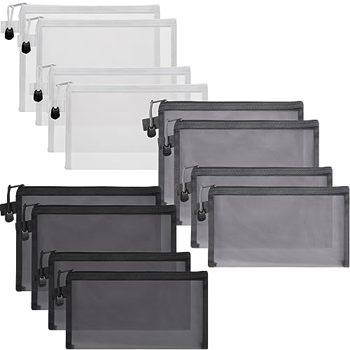 Loppdece 12Stück Reisetasche Aus Netzstoff, Mesh Taschen Mit Reißverschluss | Mesh Zipper Dokumententasche, Nylon-Netzbeutel, Schwarz Weiß Grau, for Büro Reisen Schule