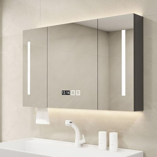 Spiegelschrank bad mit Entnebelung beleuchtung,mit LED Leuchten,Wand-Kosmetikspiegel hölzern mit Ablagefach,3 Farben Intelligenter Kosmetikspiegel,badezimmerschrank mit HD spiegel,Zeit Temperaturanzei