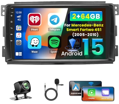 Inefala 2+64G 9'' Android 15 Radio pour Mercedes-Benz Smart Fortwo | Autoradio avec Sans Fil CarPlay et Android Auto, Prise en Charge Navigation GPS Lien Miroir BT RDS WiFi