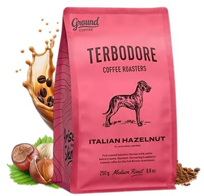 Terbodore | Italian Hazelnut Ground Coffee, 250g Bag, Medium Ground Arabica | for French Press, Aeropress, Filter, No Added Sugar, Hot or Iced, Made for Home & Café, Hazelnut Flavoured Ground Coffee