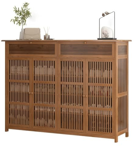 EMHKNLD Armadio per Scarpe in Bambù con 4 Ante a Persiana e 2 Cassetti, Scaffale Organizzazione Scarpe per 24-32 Paia, Marrone, 130x35x99 cm - Design Moderno per Ingresso, Corridoio, Risparmio Spazio
