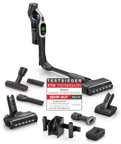 Bosch Aspirador inalámbrico Unlimited 10 BKS1051GQC, tecnología MicroClean, Pantalla TFT, compresión de Polvo, Sistema de Filtro HEPA, garantía del Motor, batería de 4 Ah, luz LED, Cargador rápido