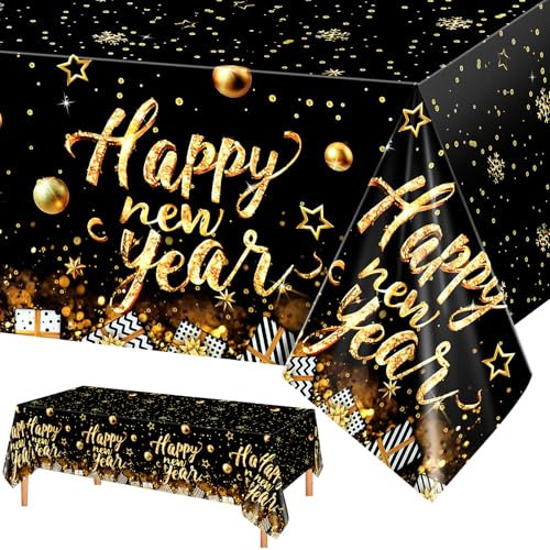 PHOGARY 3 Pack 2025 New Years Tablecloth, NYE Table Cloth for Happy New Year Table Decorations 2025, New Years Eve Party Supplies Disposable Black Gold New Year's Party Decor Table Covers 54 x 108