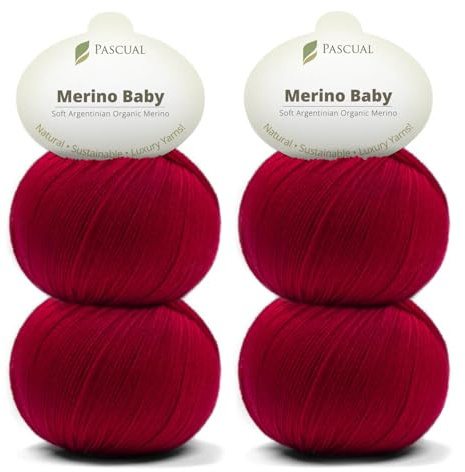 PASCUALI Merino Baby|Strickwolle aus 100% Schurwolle aus Merino, Merinowolle zum Stricken und Häkeln, SET: 4 Knäuel - 200 g, Farbe: Kirsche 309
