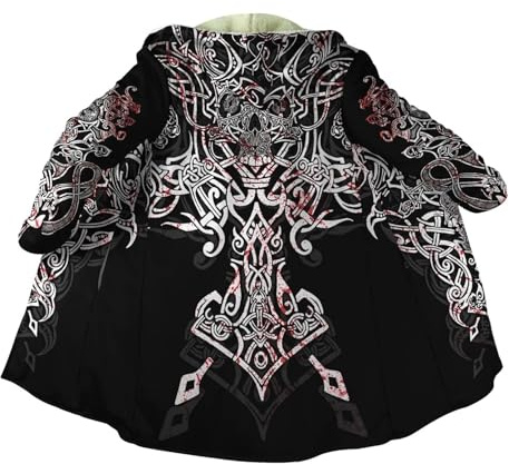 Viking Men Hooded Cloak, Norse Mythology Tattoo 3D Printed, Winter Warm Coat Parka, Horn Button Design Thick Warm Jacke(Bloody skull,L)