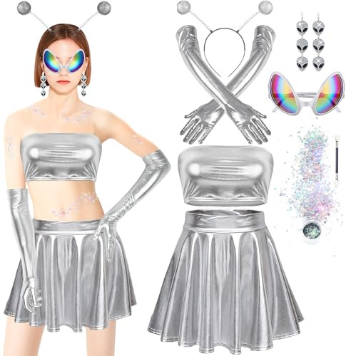 TZEKING Alien Kostüm Set - 7-teiliges Metallic-Set mit Crop Top, Faltenrock, Stirnband, Gläser, Ohrringe und Handschuhe für Karneval