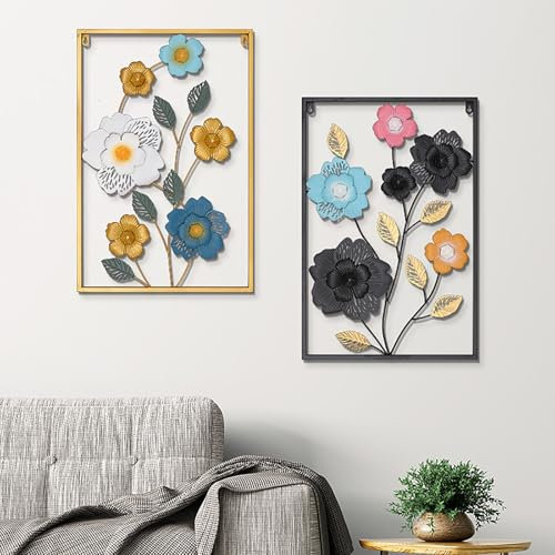 MYBSXKEOZ 2 Stück 60x40cm Metall-Wandkunst-Dekor,Blumen Metallbild Blume Bild Skulptur Große Metall-Wanddekoration Mit Rahmen Terrassendeko Wandrelief Abstrakt Designer Blüten(B)