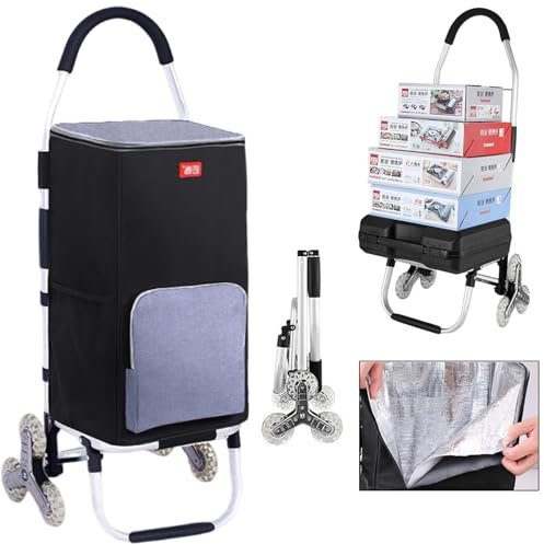 YFSMBD Carrello Spesa Tre Ruote Pieghevole, Carrello Portaspesa 6 Ruote Richiudibile, Saliscale, Borsa Termico Impermeabile Rimovibile, 50 L (Black)