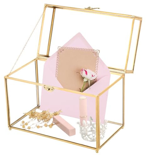 MAOPINER Vintage Gold Glass Jewelry Box, 10 x 5.7 x 7.8 inch Decorative Glass Display Organizer with Lid, Clear Rectangular Design for Rings, Bracelets, Earrings