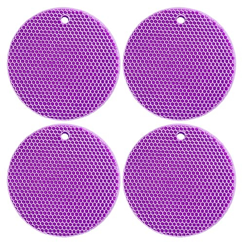PTAPIPI Non-Slip Silicone Heat Resistant Trivets 4 Pack, Purple 18cm Round | Hot Pot & Pan Holders with Hanging Hole, Multi-purpose Heat Resistant Mats for Kitchen Countertop, Air Fryer and Hot Cookware