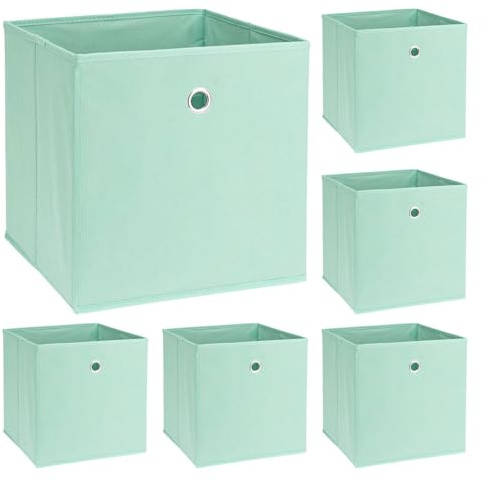 Murago - 6er Set Faltbox ca. 30x30x30 cm Pastell Mint - Würfel Aufbewahrungsbox faltbar Aufbewahrungskörbe Einschub Korb Boxen Grün Türkis Stoff für Kleidung Spielzeug Kinderzimmer Baby Klappbox