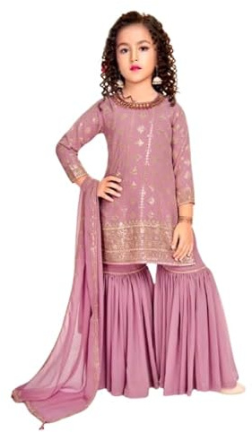 disson Traditionella Sharara-kostymset för flickor, rosa med guldbroderi, långärmad kurta med utsvängd palazzo och Dupatta, Rosa-guld, 9 år
