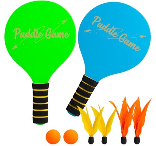 INPODAK Beach Ball Spiel Set,Strandball Schlägerset für Kinder,2 Schläger, 4 Federbälle, 2 Bälle,Paddleball Spielset,Sommer Strand Pool Garten Spiel für Familie und Party