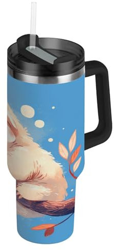 linqin Aesthetic - Vaso aislado al vacío azul perezoso con tapa y popote, botella de agua de acero inoxidable de 40 onzas, taza de té de viaje reutilizable para agua, té helado o café