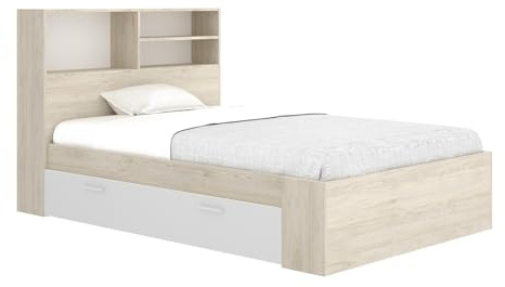 Vente-unique-Cama 120 x 190 cm con Almacenamiento - Color: Natural y Blanco - VARDIEL