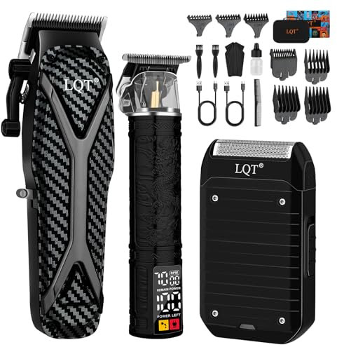 LQT Juego de maquinilla de afeitar eléctrica para hombre, cortapelos y barba, juego de peluquería para hombres de cuidado inalámbrico con pantalla LCD, cortapelos y recortadora