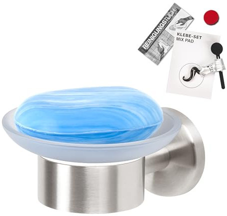 bremermann Bad-Serie Piazza - Seifenschale inkl. Klebeset, ideal für Bad und Dusche, Seifenhalter aus satiniertem Glas und Edelstahl, matt