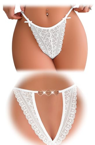 FULLJOYLOVE Women's Knickers Lace Thong Panties French Sexy Underwear | Deep V Back Cut Sexy Briefs, Brazilian Cheeky Briefs with 3 Heart Chain, 2 Bow Detail,Cotton Crotch, High Elastic Lace
