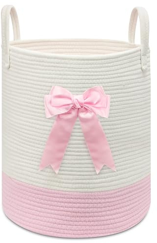 Goodheim Rosa Wäschekorb mit Schleife, Geflochtener Aufbewahrungskorb für Spielzeug & Babykleidung, Waschkorb für Kinderzimmer, Mädchen Deko