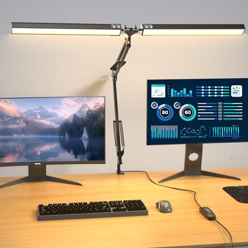 Lustaled Lámpara Escritorio LED con Pinza, Doble Cabezal Flexo Escritorio, 2000LM 20W Regulable, 3 Colores & 10 Niveles de Luz, Negro Luz Monitor con Enchufe para Estudio, Lectura Libro, Oficina