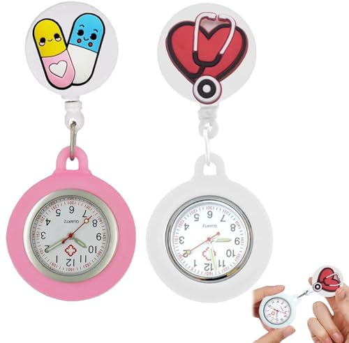 Krankenschwester Uhr, Schwesternuhren mit Clip, Dehnbare Silikon Hülle, 2 Stück Krankenschwesteruhr Schwesternuhr Taschenuhren für Damen, Weiß ＆ Rosa