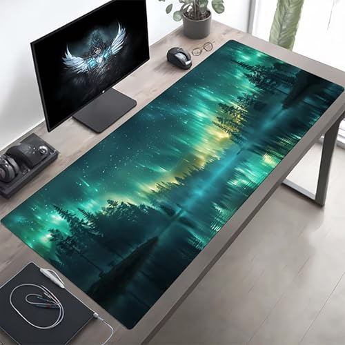 Gaming Mauspad 1600x800x3 mm Gaming Mousepad XXL Aurora Grün Mauspad Schreibtischauflage, Genähte Kanten Mausmat, rutschfeste Gummibasis, Schreibtisch Schutz für Home Büro, Geschenke PjY7790 8-4