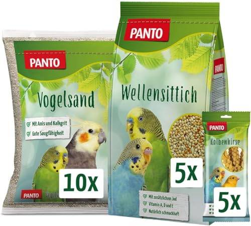 PANTO Wellensittich-Set – Futter mit Pluramin, Kolbenhirse & Vogelsand | Rundum-Set mit Wellensittichfutter, Kolbenhirse & Vogelsand – artgerechte Versorgung & Beschäftigung im Bundle