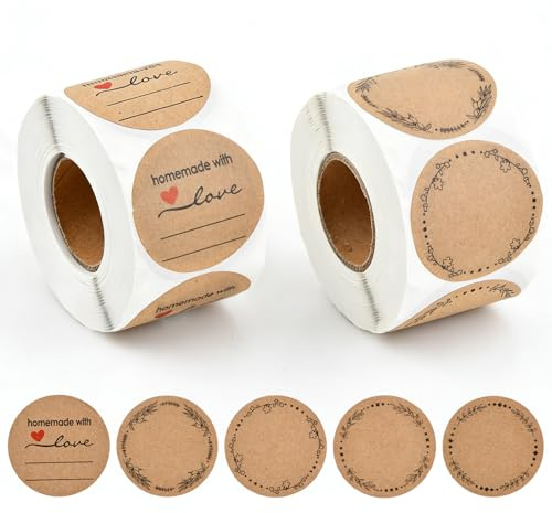 1000 Stück Kraft Etiketten Aufkleber, 50.8mm Rund Rolle Geschenkaufkleber, Selbstklebend Aufkleber zum Beschriften, Marmeladen Etiketten für Marmeladengläser Geschenktüten Umschläge