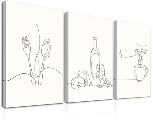 Dazzlewall 3er Set Minimalistische Linie Küche Wandbilder, Schwarz Weiß Abstrakte Linie Leinwand Bilder für Esszimmer Coffee Bar Wohnzimmer Deko Mit Rahmen 30x40 cm