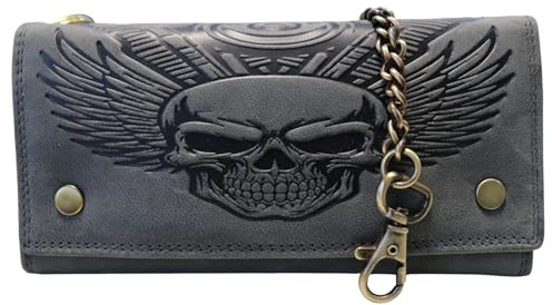 MDM läder biker kort plånbok med kedja, dödskalle vintage design, RFID-skydd, brun, 17 x 9 x 1,5 cm, 12 kortfack, myntfack, GRÅ, 10.0 X 12.5 X 2.5 Centimeters, Biker
