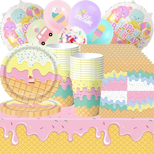 Set di stoviglie per feste di gelato, composto da piatti, bicchieri, tovaglioli e tovaglia, adatto per una festa di compleanno con 20 ospiti.
