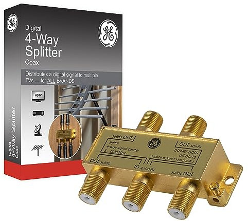 GE Digital 4-Way Coaxial Cable Splitter, 2.5 GHz 5-2500 MHz, RG6 Compatible, Works with HD TV, Satellite, High Speed Internet, Amplifier, Antenna, Gold Plated Connectors, Corrosion Resistant, 33527