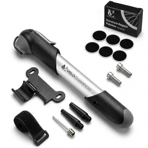 VeloChampion Mini Bike Pump with Frame Mount | Portable Compact Alloy Bicycle Pump with Frame Mount | Presta, Schrader & Dunlop Valves | for Road, Mountain, E-Bike (Alloy 7 Pump + Patches 6pk)