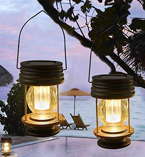 Solar Hanging Lanterns 2 Pack Outdoor Garden Table Lamp Led Vintage Hanging Solar Lights with Handle for Pathway Yard Patio Decor Tree Beach Pavilion Lights（Warm Light）