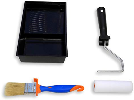 KIT MUEBLES Mini Rodillo de Pintura con Cubeta y Pincel - Para pintar con Pintura a la Tiza - Pintar Muebles - Calidad Profesional - Rodillo 11 cm - Brocha 40 mm - Cubeta Plana 11 cm