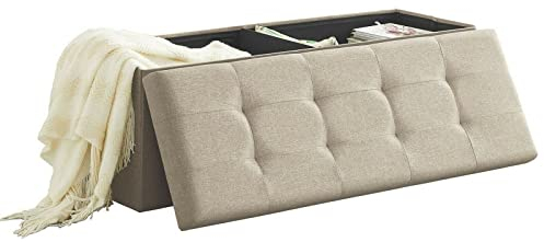 Zedelmaier Sitzbank mit Stauraum Sitzhocker Faltbar Truhen, Deckel Abnehmbar, Sitztruhe belastbar bis 300 kg 114x38x38 cm (Beige - Leinen)