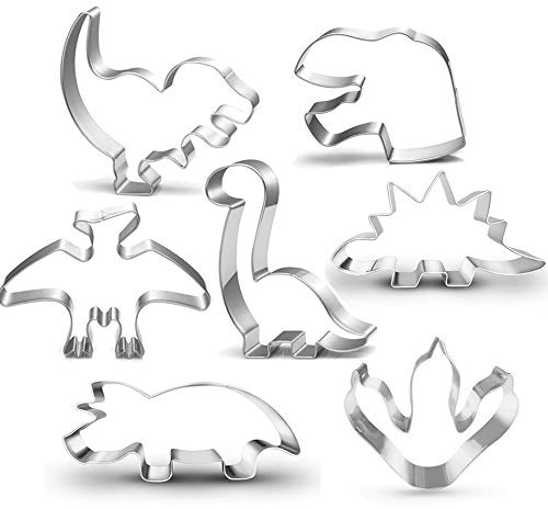 LUBTOSMN New Dinosaur Cookie Cutter Set-7 Piece-Footprint and Head, Tyrannosaurus(T-Rex), Brontosaurs, Spinosaurus, Triceratops, Pterodactyl, Baking Mold for Kids Dinosaur Birthday Party