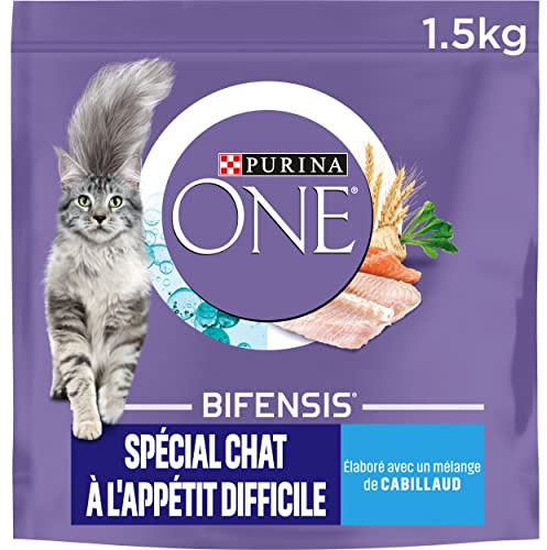 PURINA ONE | BIFENSIS | Chat Adulte à l'appétit difficile | Croquettes | Stimule l'appétit du Chat, Haute digestibilité| Goût savoureux au Cabillaud, à la Truite | Sac | Lot de 1 x 1,5 Kg