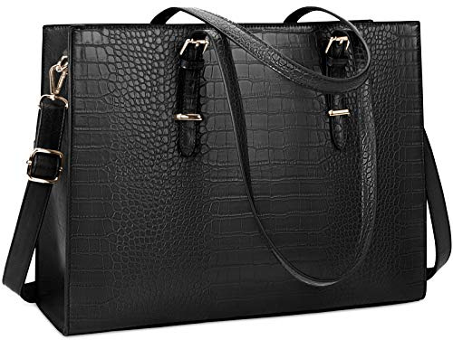 Lubardy Handtasche Damen Shopper Damen Groß Schwarz Laptop Tasche 15.6 Zoll Elegant PU Leder Umhängetasche Arbeitstasche für Business Büro Schule Einkauf Arbeit