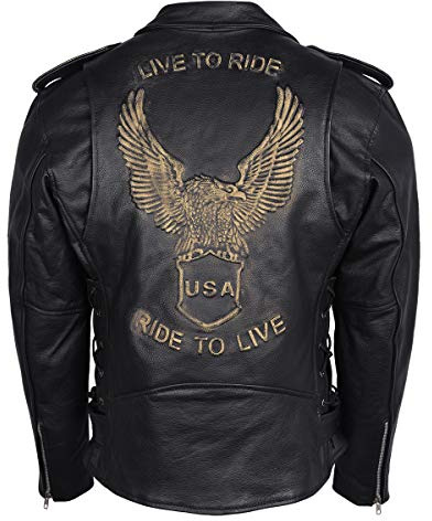 Men's Eagle Embossed Live To Ride - Ride To Live Classic Black Leather Motorcycle Biker Jacket (Large, Gold)