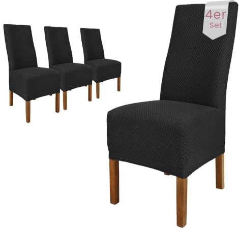 Scheffler Home Stuhlhussen Schwarz 4er Set Elastisch Luna-lang | Feine Microfaser-Stretch Stuhlbezüge, waschbar und pflegeleicht, für Hochlehner und Polsterstühle