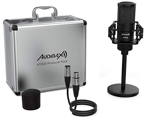 Audibax AT2020 - Microfono de Condesandor de Estudio - Incluye Cable XLR, Soporte de Mesa y Araña, Antivientos y Maletín - Respuesta en Frecuencia 50 Hz/20 KHz - Micrófono con Patrón Polar Cardioide