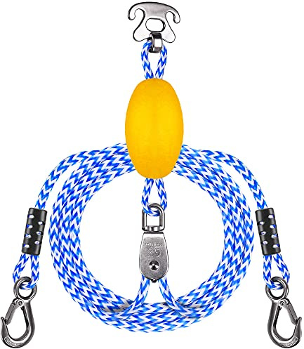 SELEWARE Self-Centering Boat Tow Harness for Tubing, Heavy Duty Floating Tow Harness with Stainless Steel Large Hooks and Pulley for Towable Tubes, Wakeboarding and Jet Ski Water Sports, Blue‑White