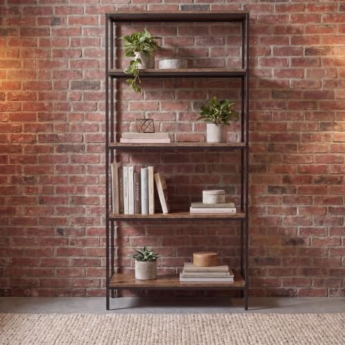 Vida Designs Brooklyn Bookcase Wooden Shelving Shelf Storage Display Shelves Unit Industrial Rustic Furniture (Dark Wood, 5 Tier)