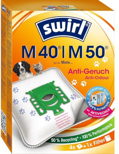 Swirl M 40 EcoPor Anti-Geruch Staubsaugerbeutel (4 Beutel), reißfeste Staubbeutel für einige Miele & Hoover Staubsauger, mit Geruchsfilter, 99,9% Filterung von Hausstaub & allergenem Feinstaub