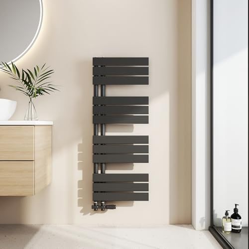 EMKE Badheizkörper Flach 1041x400 mm, Handtuchheizkörper mit Seitenanschluss, Effizienter Handtuchwärmer Handtuchtrockner Heizkörper für Bad, Schwarz, 456W