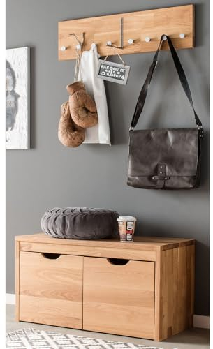 Lomadox Flurmöbel Massivholz Eiche Garderobenbank 82 cm 2 Schubkästen Garderobenpaneel Metallhaken 1 Klapphaken