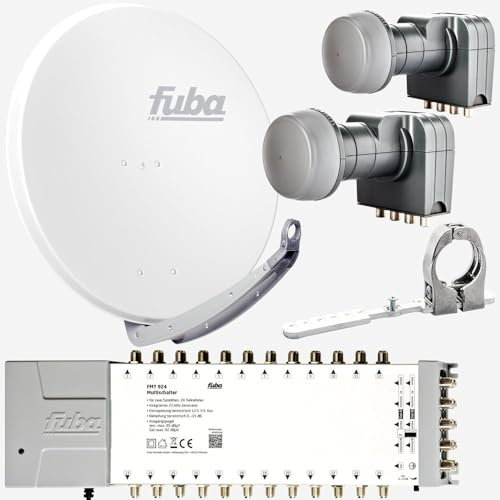 Fuba Sat Anlage 24 Teilnehmer - 2 Satelliten (z.B. Astra/Hotbird) | Satellitenschüssel Komplettset - DAA 850 W Sat-Schüssel 85cm Alu weiß + 2X LNB + Multifeed + Multischalter 24 Teilnehmer