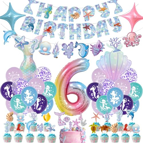 Meerjungfrau Geburtstag Deko 6 Jahre - Geburtstagsdeko FüR MäDchen Meerjungfrauen Party Kindergeburtstag Dekoration Mit Happy Birthday Girlande Meerjungfrau Folienballon Konfetti Luftballon Tortendeko
