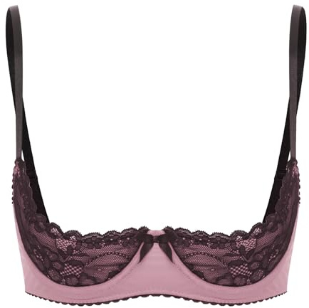 FEESHOW Womens Contrast Lingerie Underwear Spaghetti Straps Underwire Half Cup Push Up Balconette Pink XL